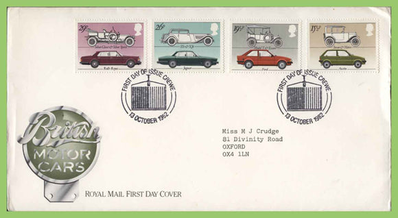 G.B. 1982 British Motor Cars set on Royal Mail First Day Cover, Crewe
