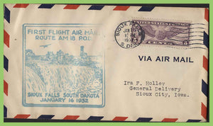U.S.A. 1932 1st Flight, Route AM18, Sioux Falls to Sioux City, cachet cover