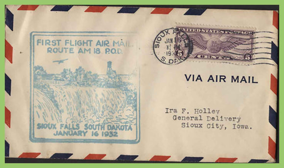 U.S.A. 1932 1st Flight, Route AM18, Sioux Falls to Sioux City, cachet cover