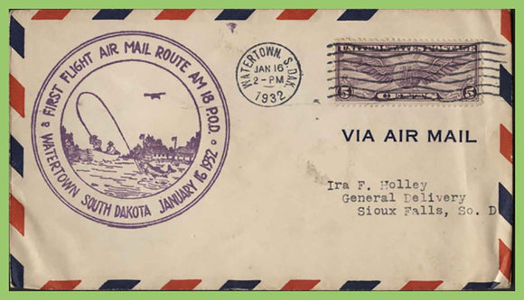 U.S.A. 1932 1st Flight, Route AM18, Watertown to Sioux Falls, cachet cover