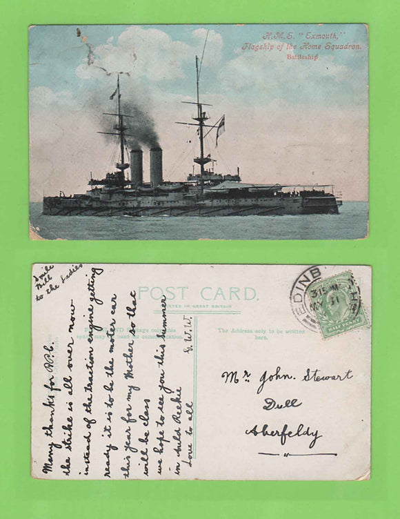 G.B. 1911 Royal Navy, HMS Exmouth postcard used