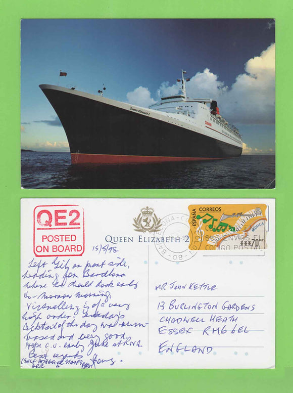Spain 1998 ATM label on postcard posted on Board Queen Elizabeth 2