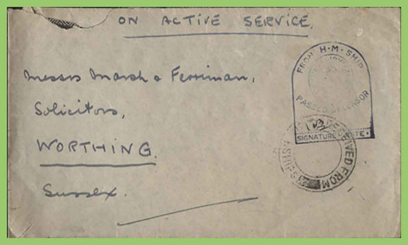 G.B. - WWII Received From H.M. Ships censored undated cover