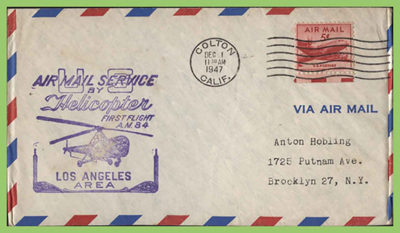 U.S.A. 1947 First Flight AM 84, Addition of Colton to segment B, cachet cover