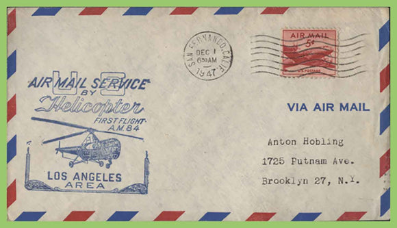 U.S.A. 1947 First Flight AM 84, San Fernando to Los Angeles, cachet cover
