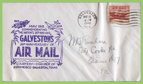 U.S.A. 1948 Galveston's 36th Anniversary of Air Mail cachet cover