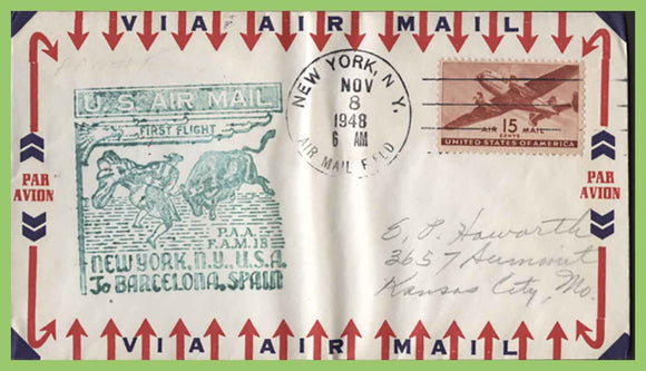 U.S.A. 1948 First Flight FAM 18, New York to Barcelona, Spain cachet cover