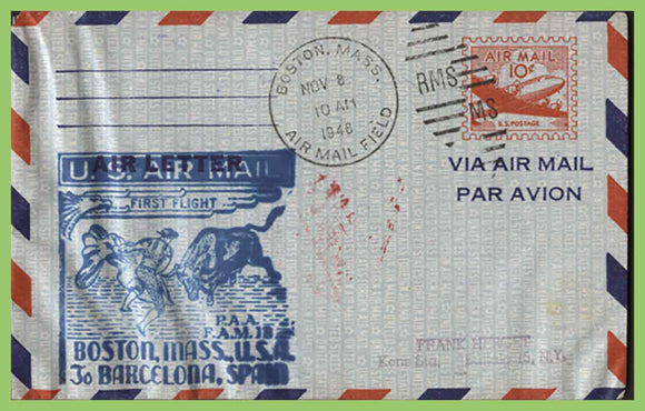 U.S.A. 1948 First Flight FAM 18, Boston to Barcelona, Spain cachet cover