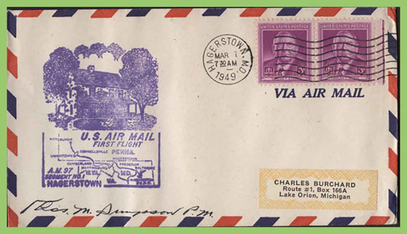 U.S.A. 1949 First Flight AM 97, Hagerstown to Pittsburg, cachet cover