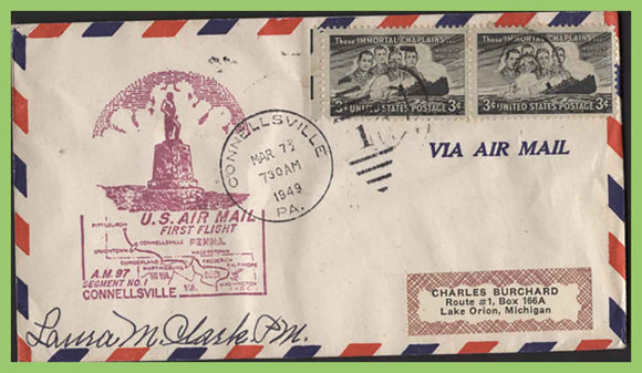 U.S.A. 1949 First Flight AM 97, Connellsville to Washington, cachet cover