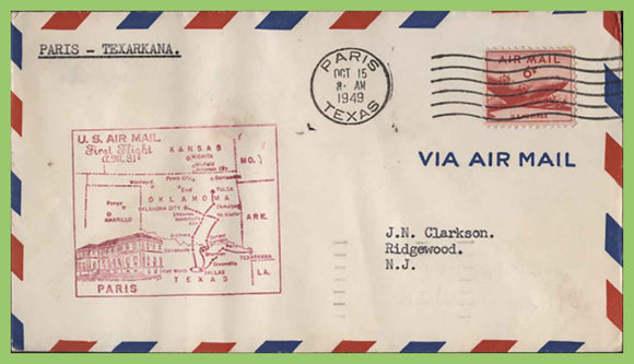USA 1949 First Flight AM , Paris - Texarkana, cachet cover