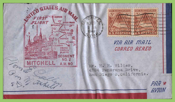 USA 1949 First Flight AM 90, Mitchell - Omaha  cachet cover