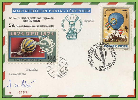 Hungary 1984 signed Balloon Flight card with flight cachet