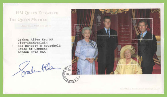 G.B. 2000 Queen Mother miniature sheet on Royal Mail First Day Cover, House of Commons