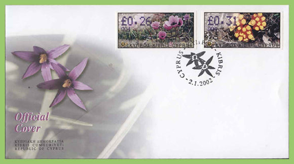 Cyprus 2002 0.26 and 0.31 Flowers ATM (Machine) label stamp First Day cover