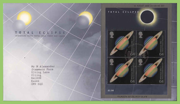 G.B. 1999 Total Eclipse miniature sheet on Royal Mail First Day Cover, Bureau