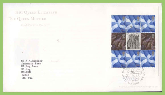 G.B. 2000 The Queen Mother Booklet pane on Post Office First Day Cover, London SW1
