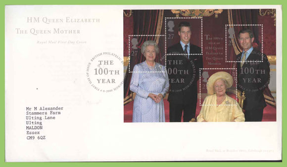 G.B. 2000 Queen Mother miniature sheet on Royal Mail First Day Cover, Bureau