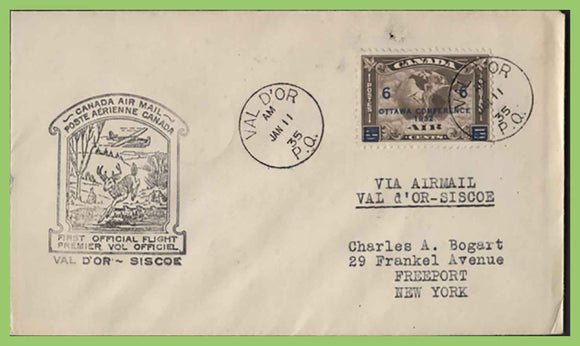 Canada 1935 Flight cover, Val D'or to Siscoe. 6c Ottawa Conference ovpt.