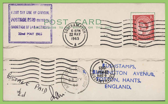 G.B. 1965 postcard with 'First Day of Postage Paid Due to shortage of stamps
