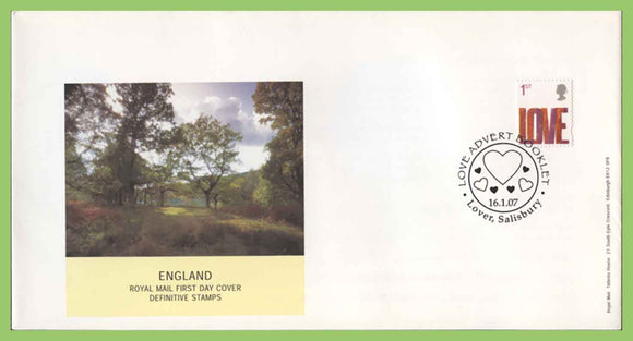 G.B. 2007 Love booklet stamp on Royal Mail First Day Cover, Lover Salisbury