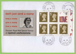 G.B. 2007 Love booklet stamps on First Day Cover, Princess Royal Distribution Centre