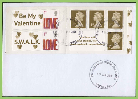 G.B. 2008 Love booklet stamps on First Day Cover, Princess Royal Distribution Centre