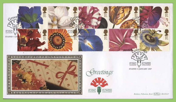 G.B. 1997 Greetings Flowers set on Benham First Day Cover, Staines