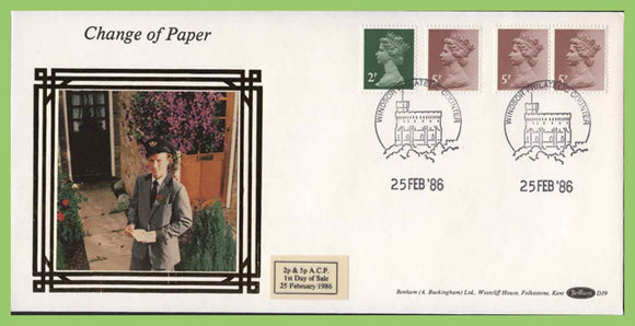 G.B. 1986 2p & 5p ACP change of paper Benham silk First Day Cover, Windsor