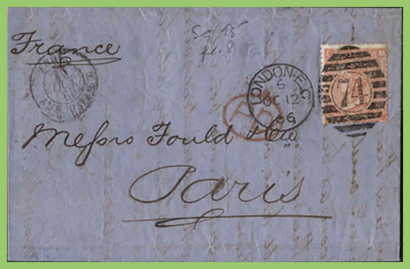G.B. 1866 Queen Victoria 4d pl8 on cover to France, London 74 duplex cancel