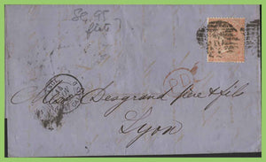 G.B. 1865 Queen Victoria 4d pl8 on cover to France, Neumeral cancel