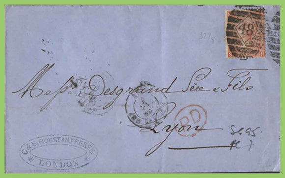 G.B. 1887 Q.V. 4d plate 7 (sg95) on cover to Lyon, France