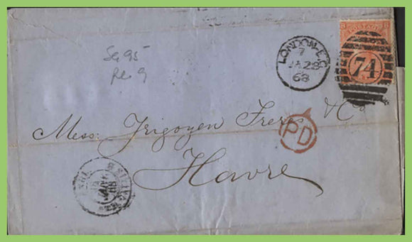 G.B. 1868 Queen Victoria 4d pl9 on cover to France, London 74 duplex cancel
