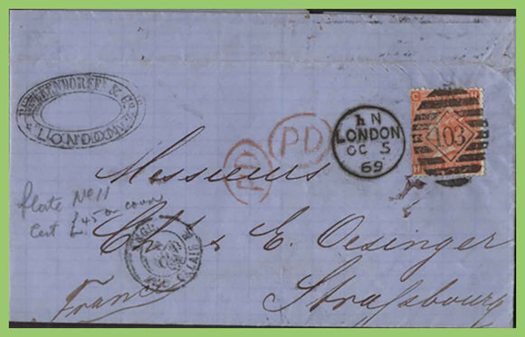 G.B. 1869 Queen Victoria 4d on cover to France, London 103 duplex cancel