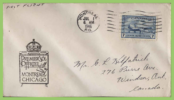 Canada 1946 First Flight, Montreal to Chicago, cachet cover