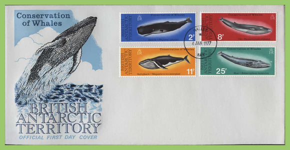 British Antarctic Territory 1977 Whales Conservation set on First Day Cover. Halley Bay