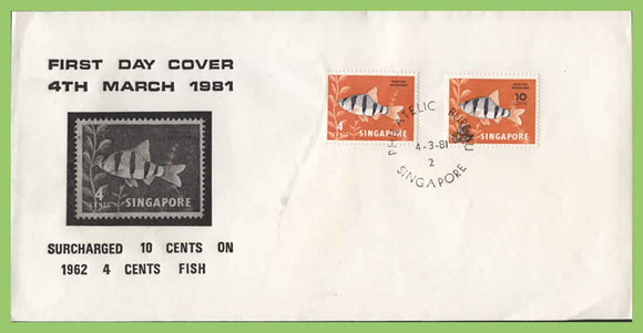 Singapore 1981 10c on 4c (Fish) surcharge with original on First Day Cover