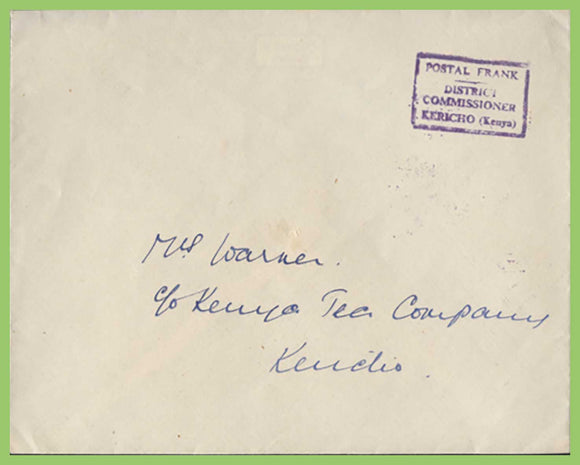 Kenya - Undated cover with Postal Frank, District Commissioner Kericho cachet in purple