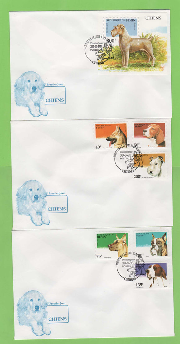 Benin 1995 Dogs set and mini sheet on three First Day Covers