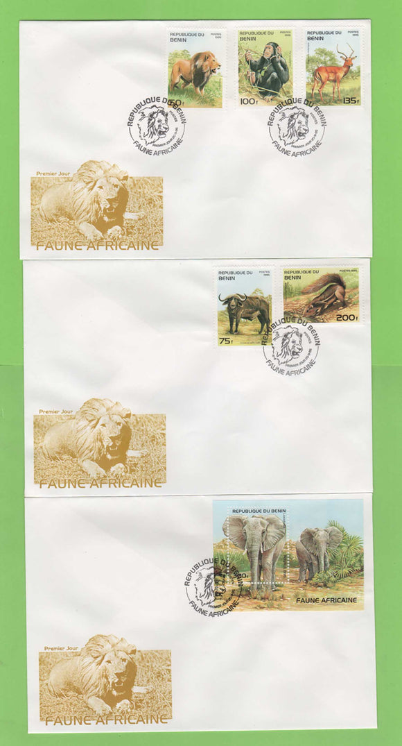 Benin 1995 Animals set and mini sheet on three First Day Covers
