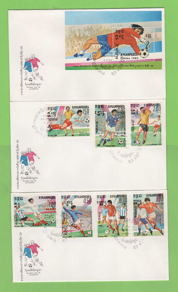 Kampuchea 1985 Football set & M/S on three First Day Covers