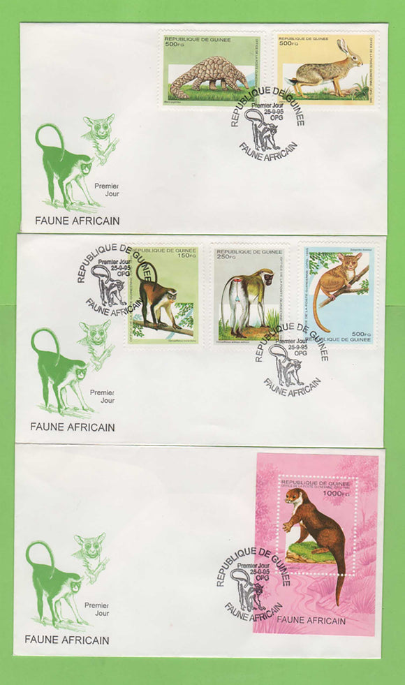 Guinea 1995 Fauna (Mammals) stamps & sheet on three First Day Covers