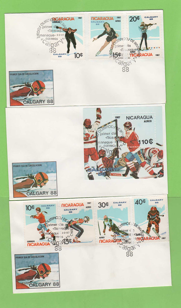 Nicaragua 1988 Calgary Winter Olympics set & sheet on three First Day Covers