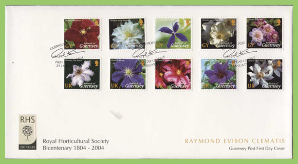 Guernsey 2004 Raymond Evisons Guernsey Clematis flowers set on First Day Cover