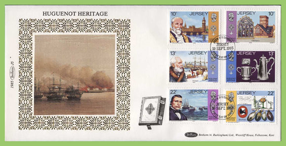 Jersey 1985 300th Anniv of Huguenot Immigration set silk First Day Cover