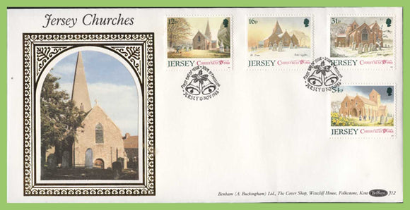 Jersey 1988 Christmas. Jersey Parish Churches (1st series) set silk First Day Cover