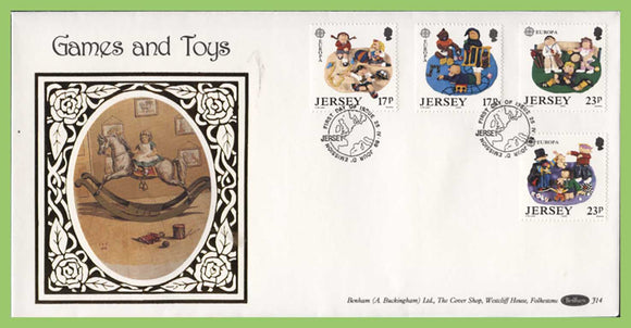 Jersey 1989 Europa. Children's Toys and Games set silk First Day Cover