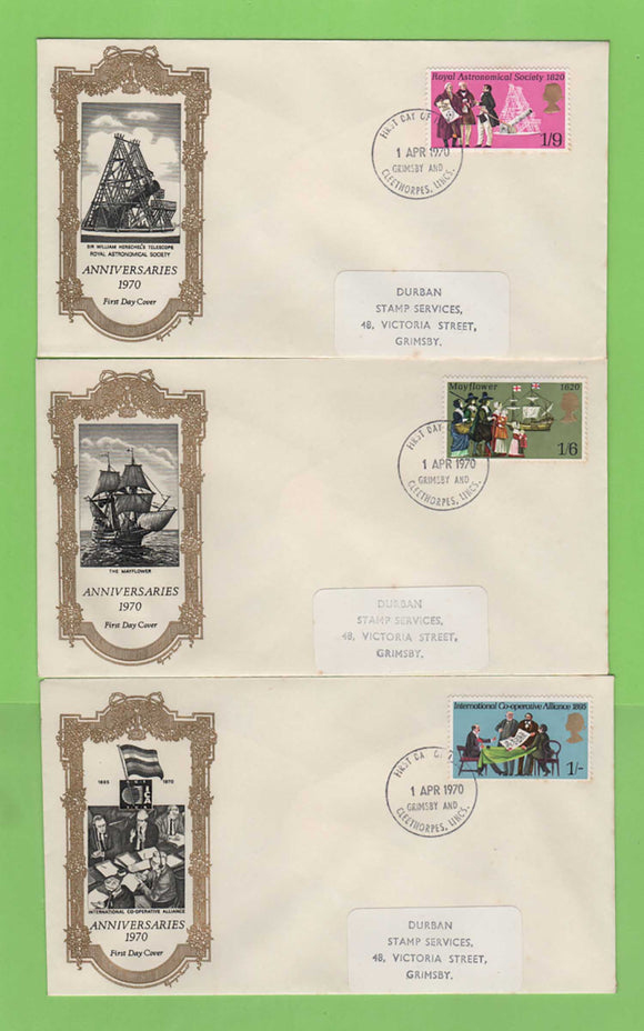 G.B. 1970 Anniversaries set on five First Day Covers, Special Cancels