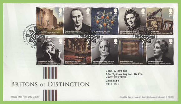 G.B. 2012 Britons of Distinction set on Royal Mail First Day Cover, Tallents House