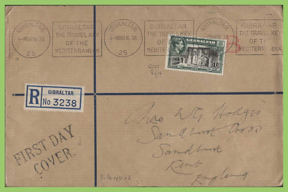 Gibraltar 1938 KGVI 1/- on registered First Day Cover, Slogan machine cancel